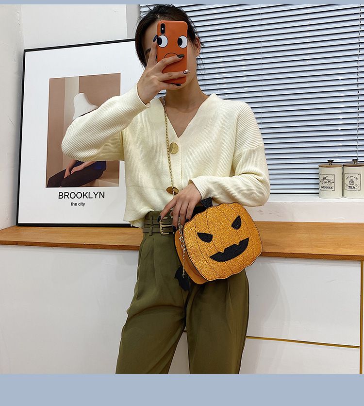 Borsa a tracolla con zucca glitterata a tema Halloween per donna - Borsa a tracolla in PU riflettente retrò con tasche con cerniera, accessorio alla moda e divertente_voghion.com