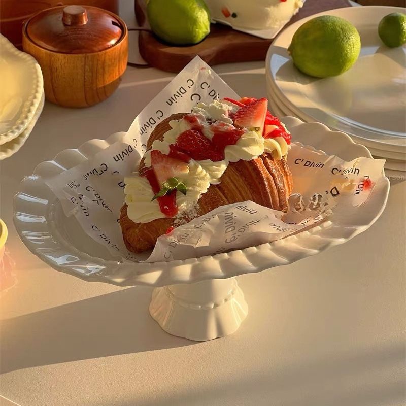 Lace Ceramic Tiered Cake Stand Oval Dessert Display Plate_voghion.com