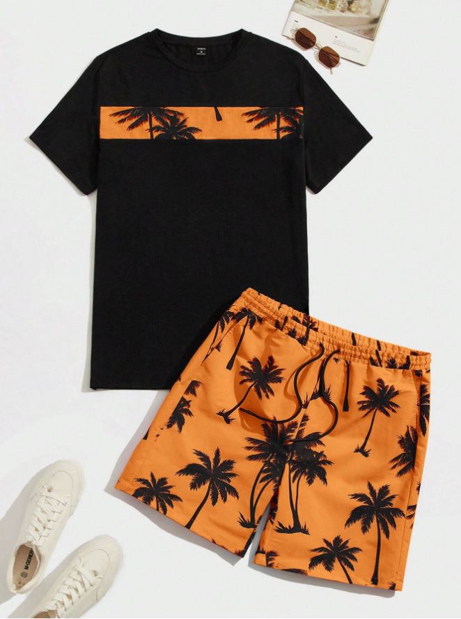 Conjunto de camiseta de manga corta de algodón con estampado hawaiano y pantalones cortos a juego para hombre: un atuendo de verano transpirable para playa, vacaciones y uso informal._voghion.com