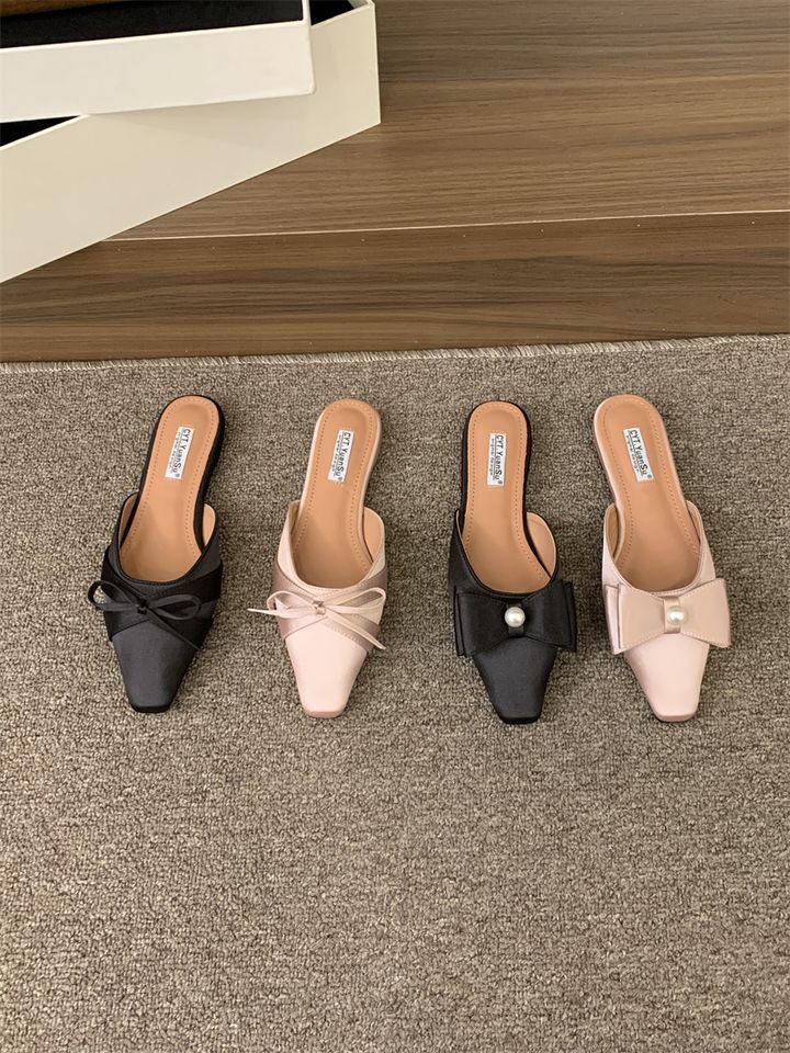 Hausschuhe mit quadratischem Kopf und flacher Zehenpartie für die Sommersaison 2025, neue Seide, Satin, Perle, vielseitig, schön, cool und_voghion.com