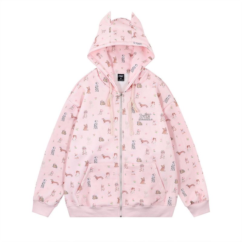 Full Print Animal Puppy Horn Ears Hooded Jacket Casual Loose Men's Autumn Winter Trendy Cardigan Sweatshirt_voghion.com