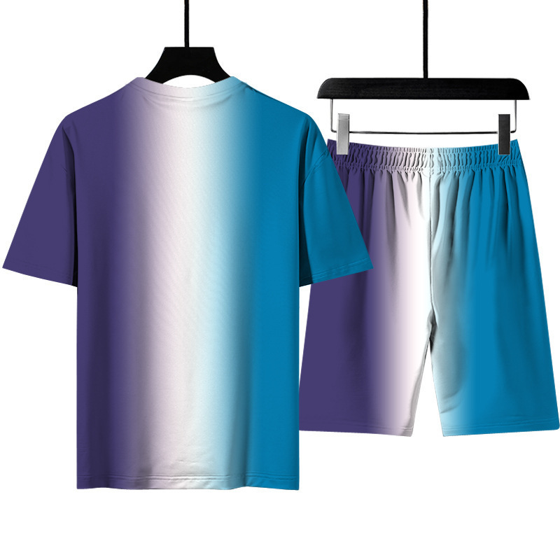 Set sottile a maniche corte stile spiaggia casual da uomo e da donna estivo con stampa digitale in colori sfumati_voghion.com