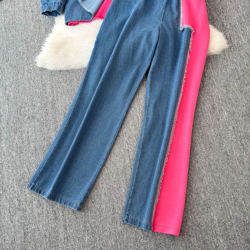 Damenbekleidung Designer-Jeanshemd mit Revers und Patchwork-Muster, langärmeliges Oberteil, Anzug für Frauen, hohe Taille, schmale, farblich passende Hose mit weitem Bein, zweiteiliger Anzug_voghion.com