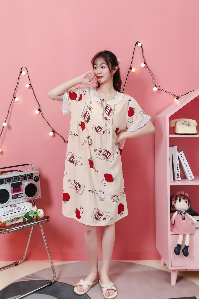 Vêtements de nuit pour femmes Chemise de nuit en coton et soie Robe de maison grande taille pour femmes Robe longue en dentelle_voghion.com