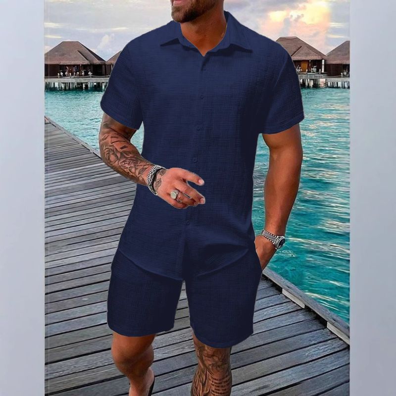 Herenkleding Zomer Jacquard Zwart Wit Effen Kleur Herenpak Korte Mouw Vakantie Casual Stijl Overhemd Shorts Tweedelig Pak_voghion.com