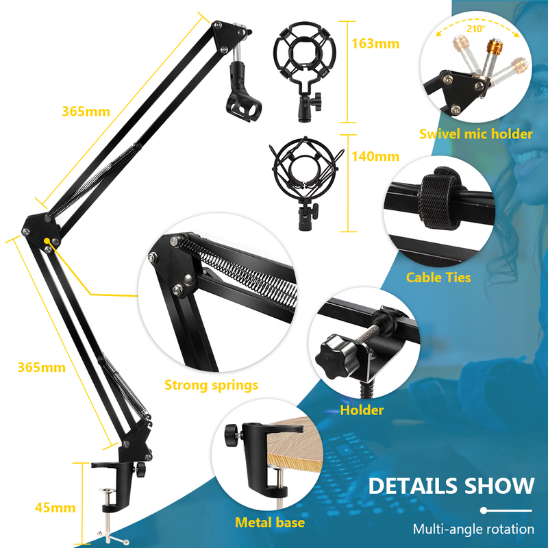 Support de microphone bras de ciseaux à flèche de suspension réglable pour boule de neige bleue et autres micros avec lumière pour professionnel_voghion.com