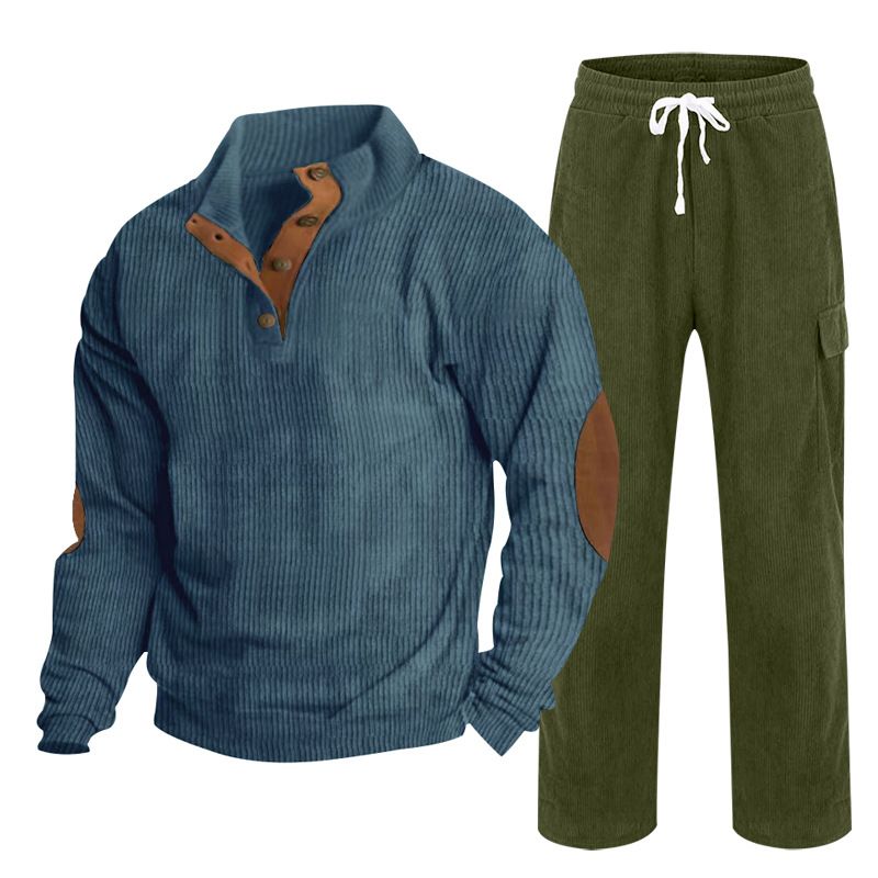 Neue Herbst- und Wintersportbekleidung für Herren, zweiteiliger Cord-Knopf Henry und gerade Hose, Freizeitanzug_voghion.com
