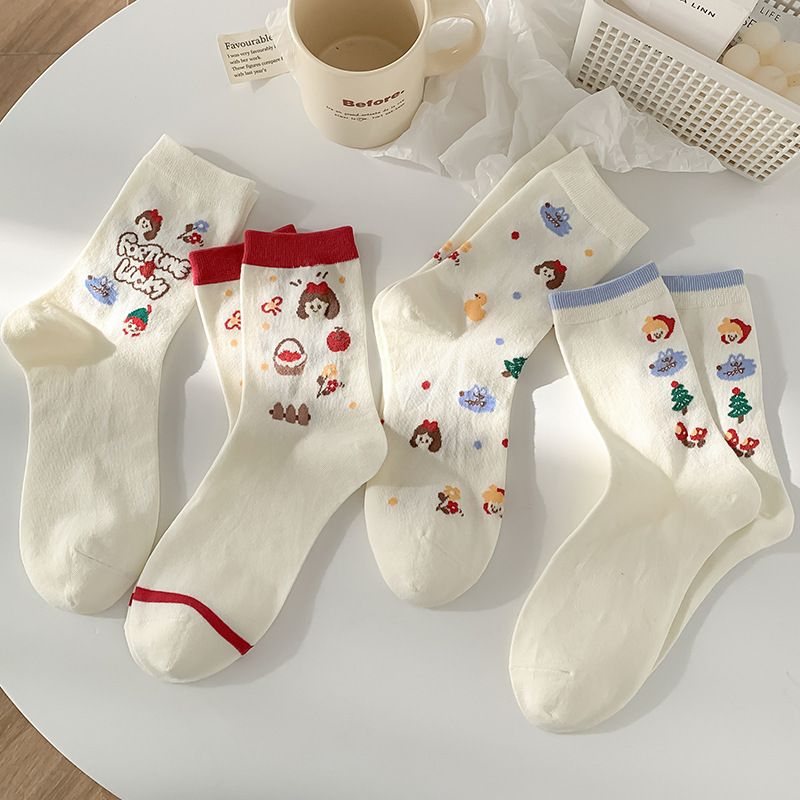 Calcetines de tubo medianos de Fairy Tale Town, bonitos calcetines japoneses para mujer, dulces y versátiles, con estampado floral blanco Ins Tide._voghion.com