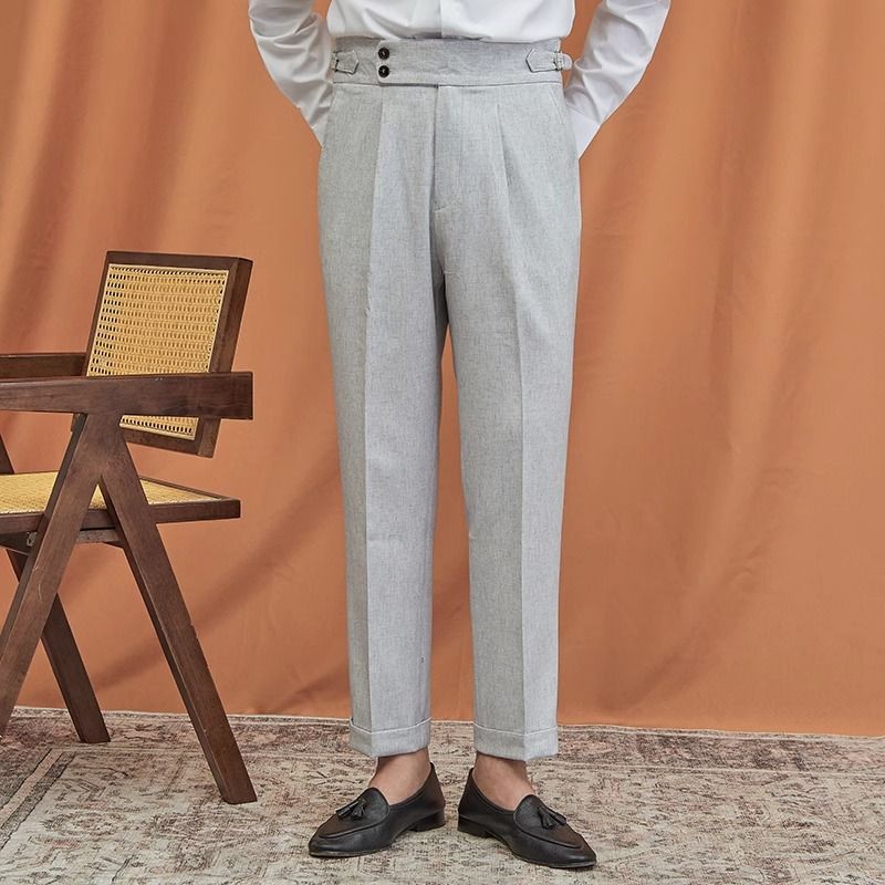 Calça reta masculina Nápoles de alta qualidade para trabalho e deslocamento, terno cinza claro_voghion.com