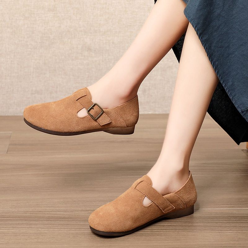 Scarpe casual da donna in vera pelle con punta rotonda, stile New Forest, estive 2025, pigre e piatte, modello primo strato, 2106-3_voghion.com