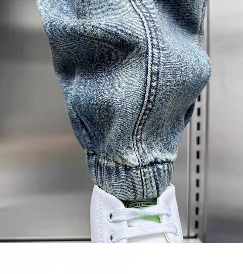 Nostalgische blaue Jeanshose mit elastischem Bund und Nähten, Bikerhose, Jeanshose mit Baumwollpolsterung, Hüfthose für Herren_voghion.com