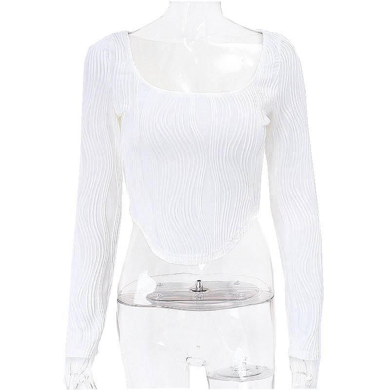Magliette a maniche lunghe con texture sexy, estetiche, con scollo quadrato, aderenti, di base, nuove, da donna, casual, da strada, Harajuku_voghion.com