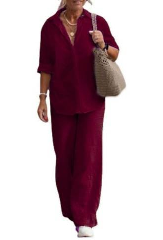 Ensemble deux pièces en coton et lin pour femme, chemise à manches longues et revers, pantalon décontracté uni pour le printemps et l'automne, tailleur à jambes larges_voghion.com
