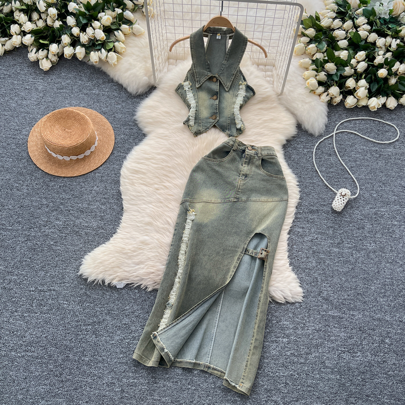 Women's Clothing Retro Washed Distressed Halter Neck Sleeveless Lapel Raw Edge Denim Top Slit Slim Skirt Two Piece Set_voghion.com