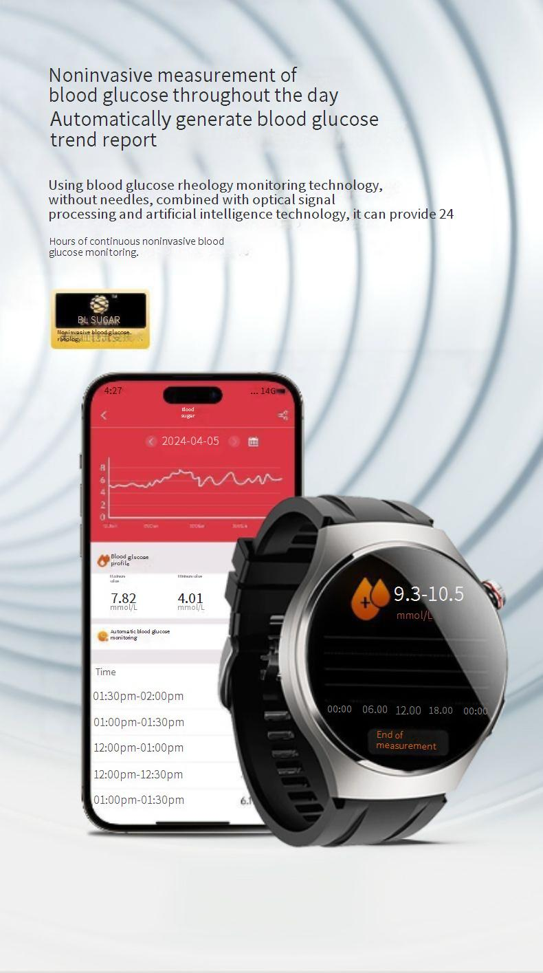 Relógio Inteligente GT4 Pro - Monitor de Glicose e Pressão Arterial, Chamadas Bluetooth, Rastreamento de Frequência Cardíaca e SpO2, Mais de 100 Modos Esportivos, IP68 à Prova D'água_voghion.com