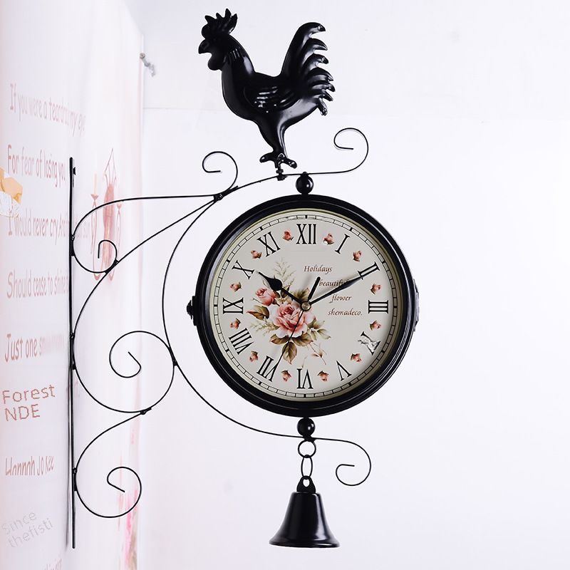 Europæisk stil dobbeltsidet kreativt vægur til hjemmet stue ur retro pastoral jern hængende håndværk lydløst ur_voghion.com