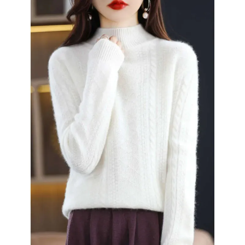 Maglione versatile in maglia a trecce, con collo alto, in cashmere caldo, per donna, autunno inverno_voghion.com