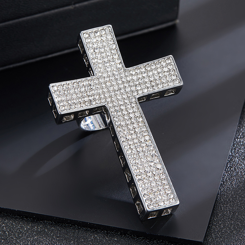 Anello aperto a forma di croce in lega versatile alla moda con diamanti_voghion.com