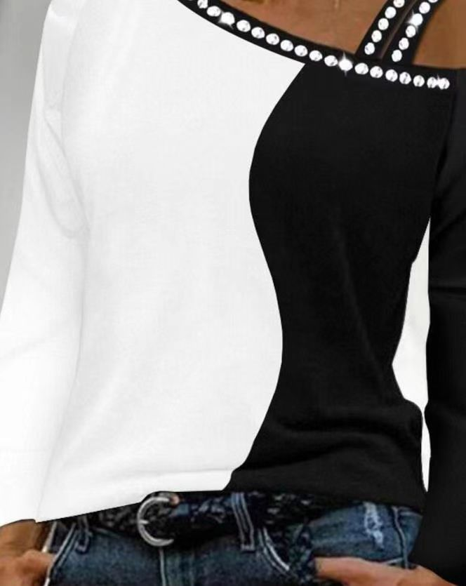 Top a maniche lunghe con spalla T-shirt alla moda da donna_voghion.com