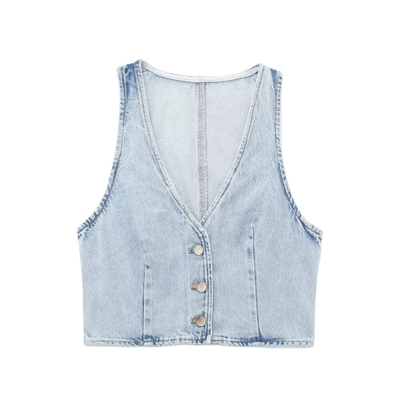 Summer New Women's Clothing Sleeveless V Neck Denim Vest High Waist Mini Skirt_voghion.com