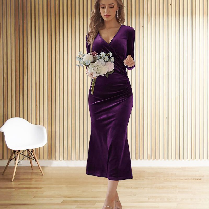 Damenbekleidung V-Ausschnitt Hüftrock Schlank Elegant Temperament Fischschwanzkleid Abendkleid_voghion.com