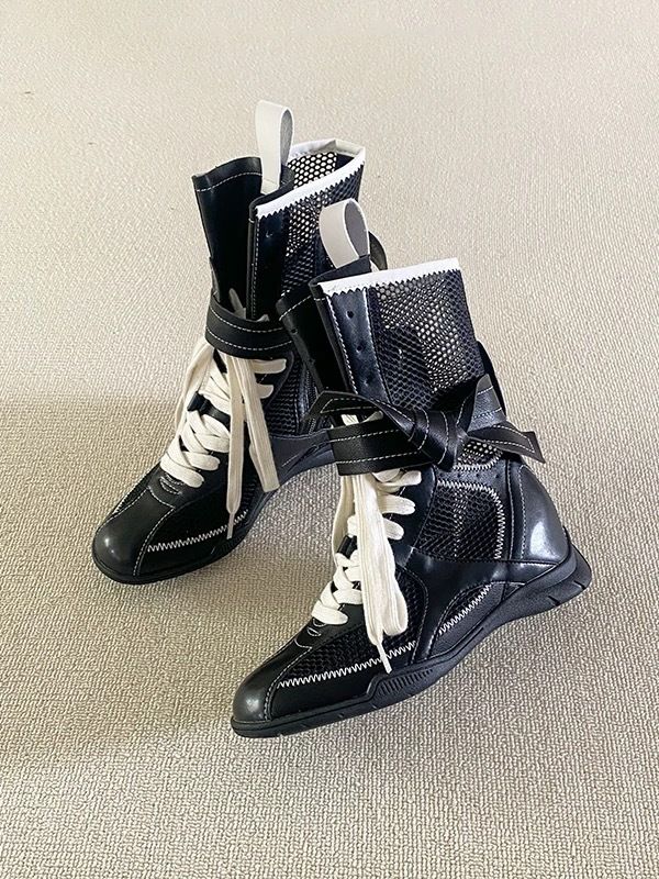 Women Boxing Boots Instant Dispatch ~ Niche Design Thin Mesh For Women Summer Outdoor Wear Height Increasing Boxing Boots Lace-Up Hollow_voghion.com