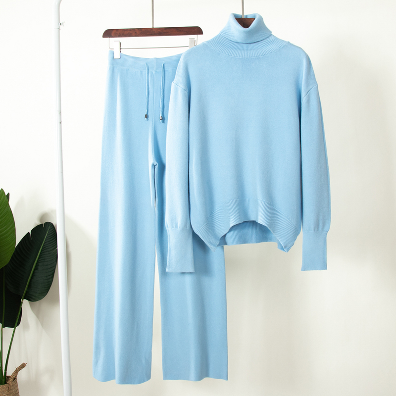 Cross-Border Solid Color Turtleneck + Wide-Leg Pants Knitted Two-Piece European And American 2025 Winter Versatile Loose_voghion.com