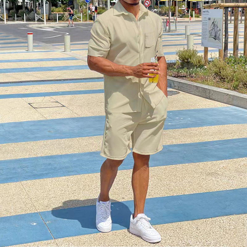 Pantaloncini estivi a maniche corte 2024 con quattro lati elastici risvolto sottile set da uomo solido sciolto_voghion.com