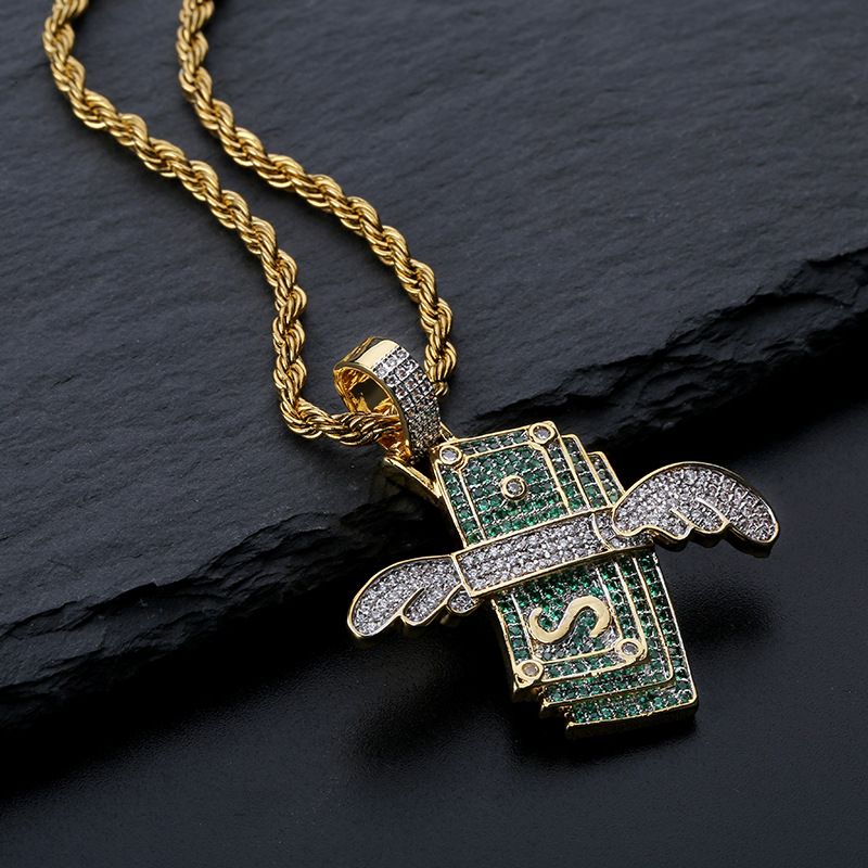 Hip-Hop-Halskette, Diamant-Kuba-Halskette, geflügeltes fliegendes Geld, Persönlichkeit, Hip-Hop-Stil, Straßenanhänger, Mikro-Intarsien, Vollzirkon, trendige Herren-Halskette J_voghion.com