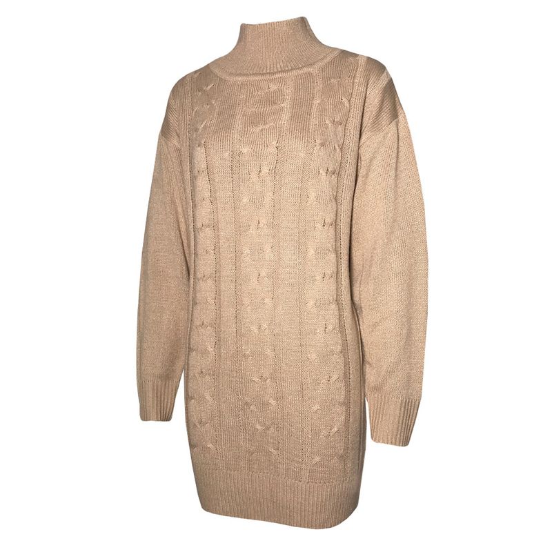 Women's loose turtleneck long sleeve twist knit sweater dress_voghion.com