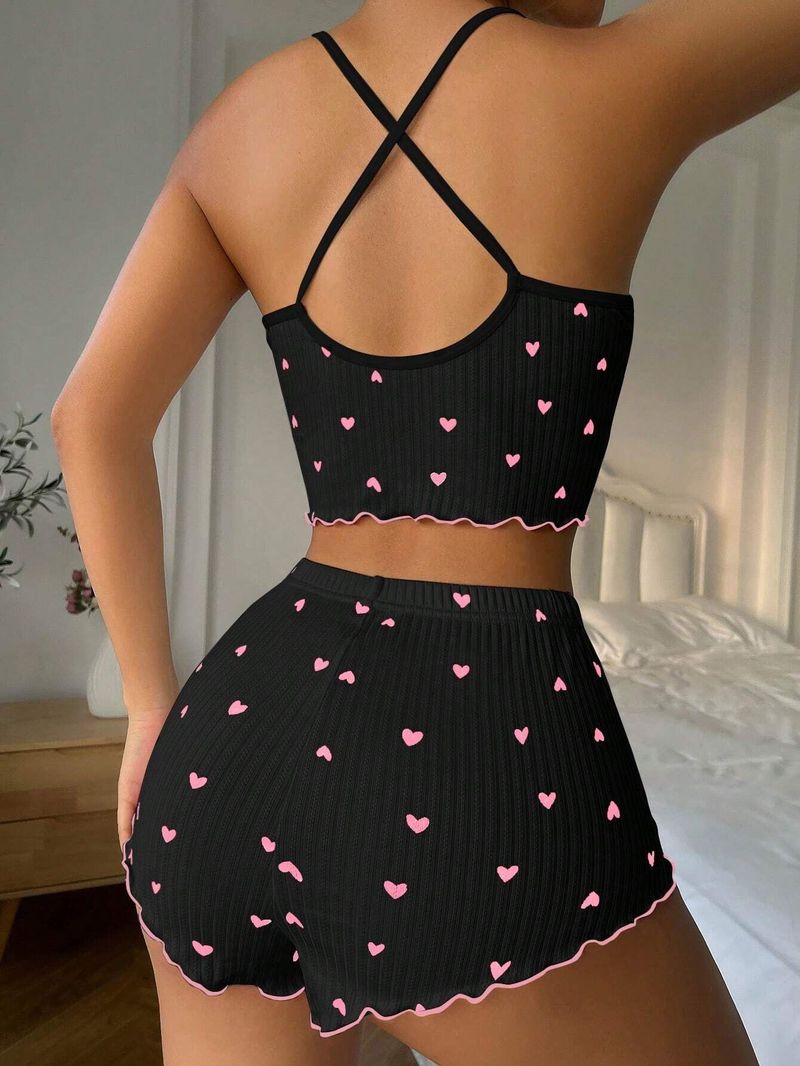 Conjunto de pijama de dos piezas para mujer, estampado de corazones, top con tirantes y pantalones cortos, ropa de estar por casa_voghion.com