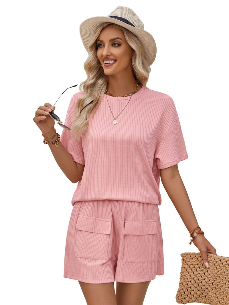 women's clothing casual style loose round neck solid color short-sleeved tops and shorts suits_voghion.com