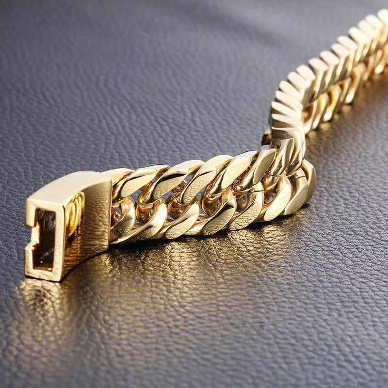Moda Masculina Banhado A Ouro 10mm Pulseira Liga Dupla Fivela Pulseira Atmosférica Moderna_voghion.com