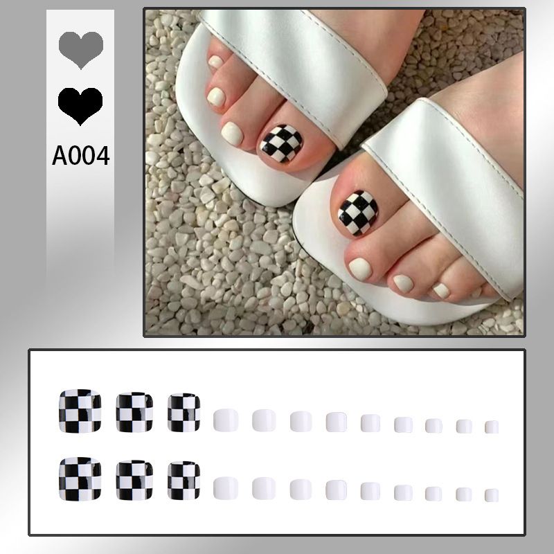 Black And Chessboard False Nails, White Toenails, Wearing Art Patches, Finished 24 Nail Patches_voghion.com