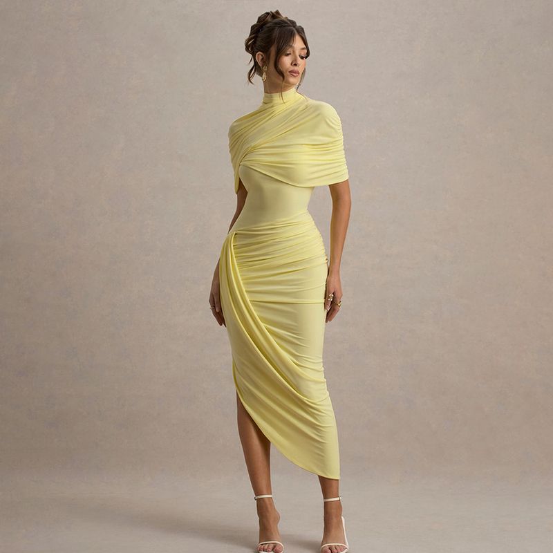 Rückenfreies, figurbetontes Kleid mit Rüschen – Sexy langes Kleid mit hoher Taille und Milchseidenstoff (Gelb/Weiß/Rot)_voghion.com