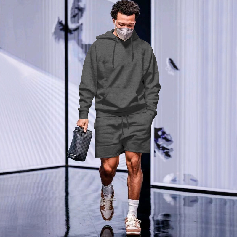 Streetwear männer Zwei Stück Sets Hoodie Langarm Einfarbig Fleece Trainingsanzüge Mit Kapuze Sweatshirt Und Shorts Anzüge Männer Outfits_voghion.com