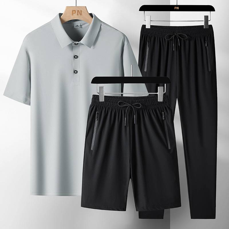 Herren Kurzarm-T-Shirt aus Eisseide, sportliches dreiteiliges Poloshirt, neue lässige Hose aus Eisseide für Herren, Arbeitsanzug_voghion.com