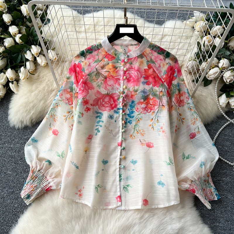 Women's clothing women's two-piece suit, ladylike temperament, lantern sleeve button-down slim-fitting top, high waist printed mesh skirt_voghion.com