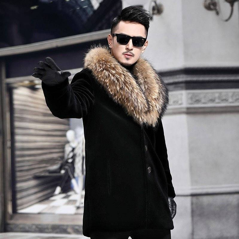 Roupas masculinas Outono e inverno Pele Casual Fino Grosso Casaco Quente Pele Moda Casaco Gola de Pele de Guaxinim_voghion.com