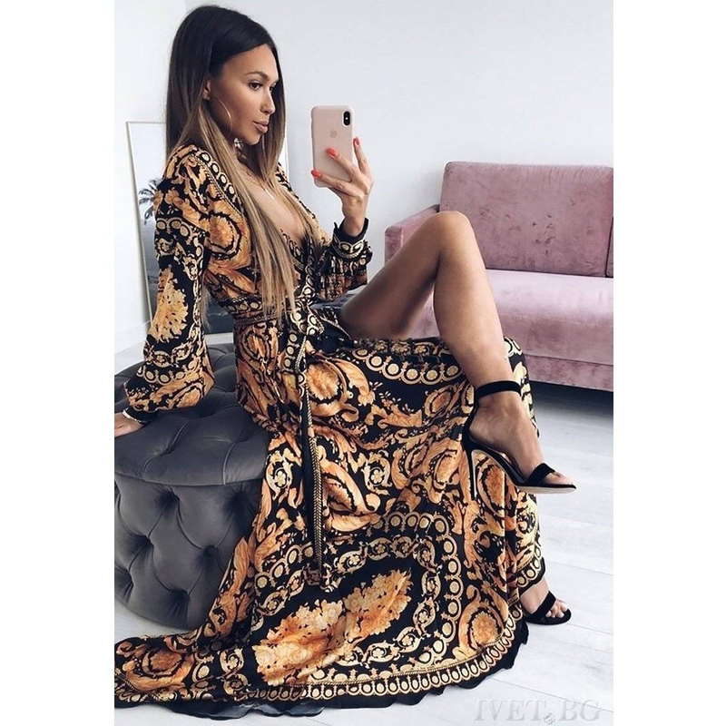 Damen Boho Maxikleid V-Ausschnitt Locker Bedrucktes Langes Kleid Cocktail Partykleid Strandurlaub Lässiges Sommerkleid_voghion.com