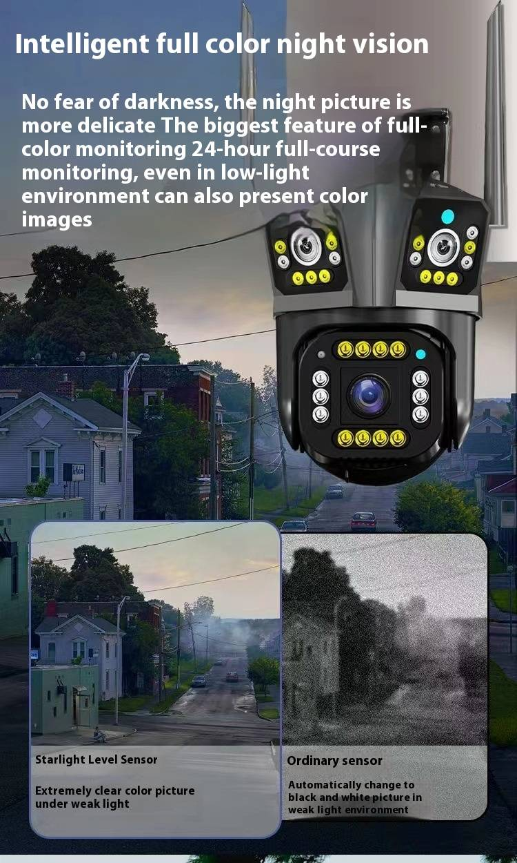 360°-Sicherheitskamera für den Außenbereich mit drei Objektiven – Smart HD, kabellos, Fernanzeige per Telefon_voghion.com