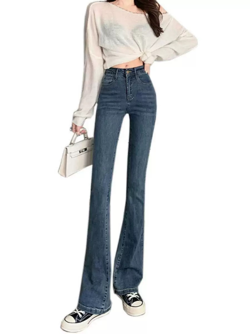 Micro-flare Elastic Jeans, Women's Autumn And Winter Horseshoe Pants, Blue And Gray Slim And Tall Slim Straight Mop Pants_voghion.com