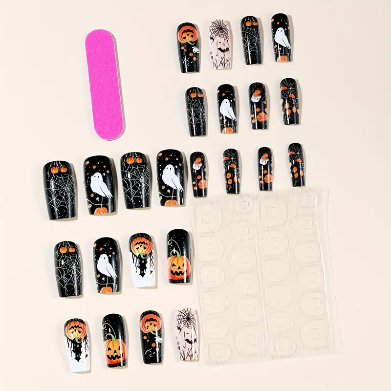 24Pcs Halloween Nails - Black Series Medium Rectangle Fake Nails With Spider Web, Pumpkin & Bat Print - Women's Halloween Nail Art & Party Decoration_voghion.com