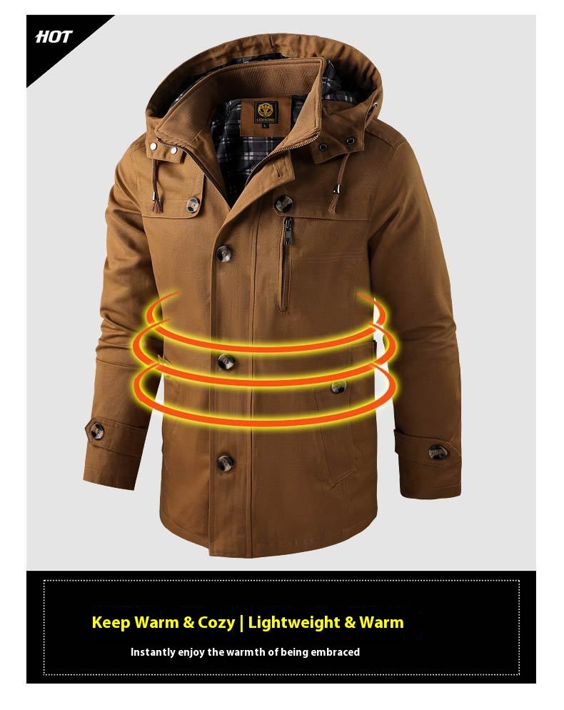 Men's Longline Washed Cotton Hooded Jacket - Vintage Workwear Style Windbreaker With Button Details, Slim Fit Casual Coat_voghion.com