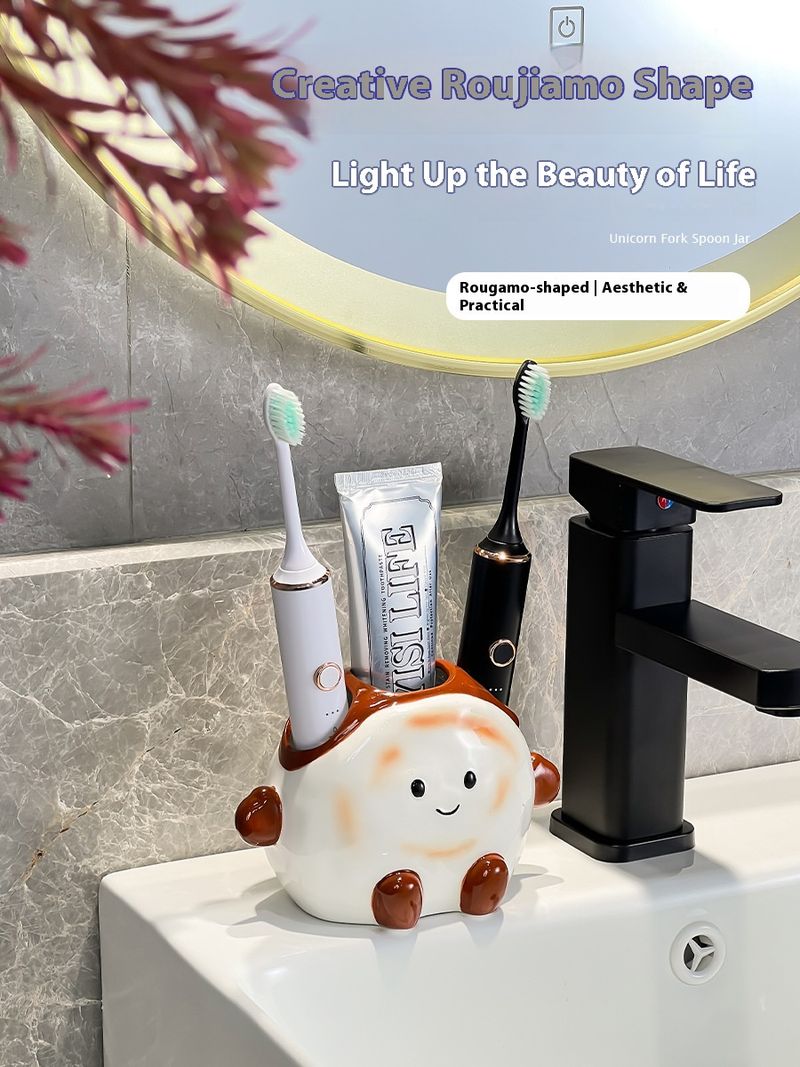 Whimsical Toothbrush Holder – Cartoon-Themed Ceramic Stand For Electric & Manual Toothbrushes No Drilling Required_voghion.com