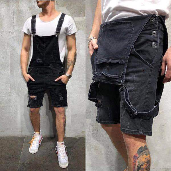 Cross mirror fashion trend oversized men's suspender pants, denim jumpsuit, perforated shoulder strap pants_voghion.com