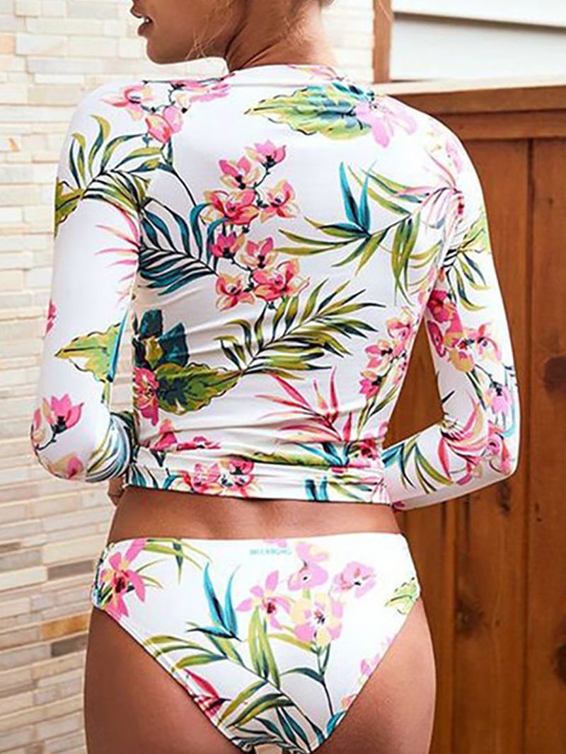 Costume da bagno bikini stampato a maniche lunghe con protezione solare, stile conservatore e aderente_voghion.com