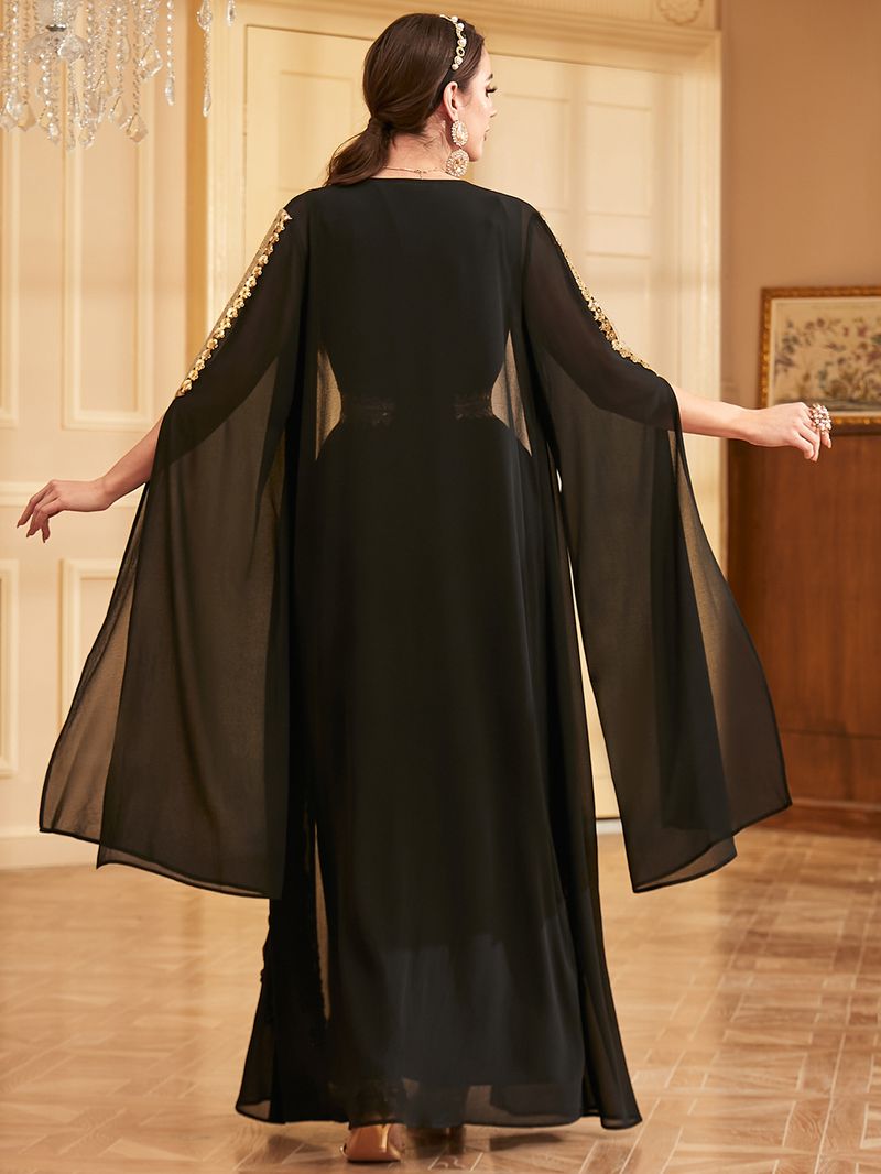 Damenbekleidung Abendkleid Robe Pailletten Ultra Langarm Zweiteiliges Kleid_voghion.com