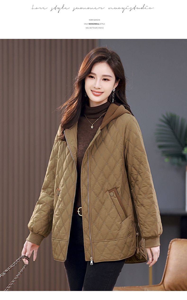 Damen Steppjacke neuer Stil mittellang modischer West-Stil Raute lässig dünner Baumwollmantel_voghion.com