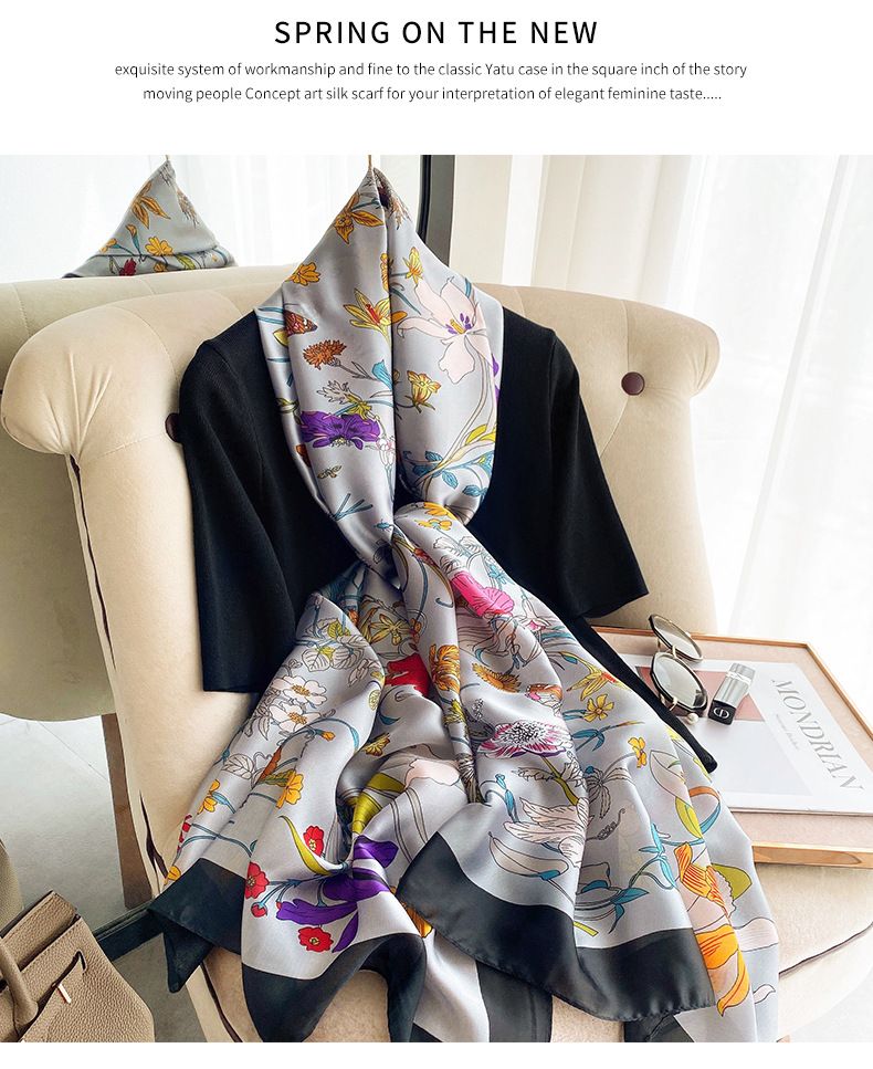 2021 Lente/Zomer Nieuwe Satijnen Bloemenprint Dames Zijden Decoratieve Sjaal Zonnebrandcrème Strand Effen Lange Sjaal_voghion.com